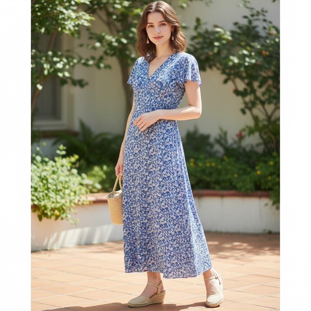 Blue Shopcozy V-neck Ditsy Floral Dress (L)